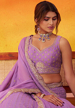 Embroidered Georgette Lehenga in Purple