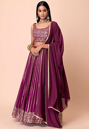 Embroidered Georgette Lehenga in Purple