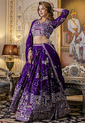 Embroidered Georgette Lehenga in Purple
