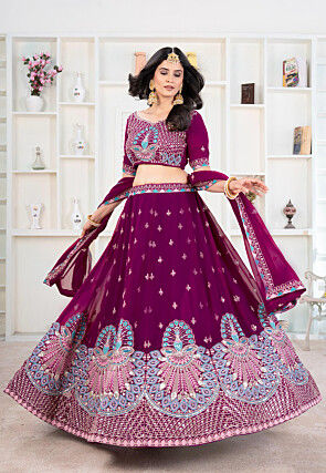 Embroidered Georgette Lehenga in Purple