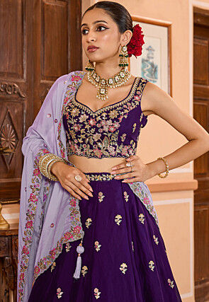 Embroidered Georgette Lehenga in Purple
