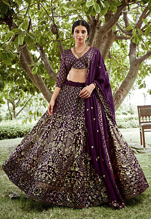 Embroidered Georgette Lehenga in Purple