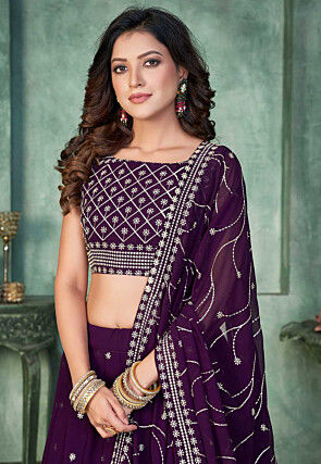 Embroidered Georgette Lehenga in Purple