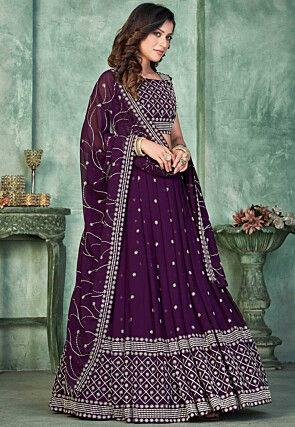Embroidered Georgette Lehenga in Purple
