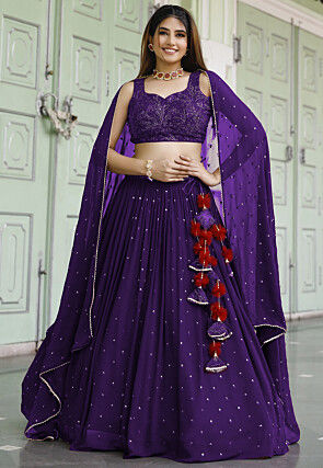 Embroidered Georgette Lehenga in Purple