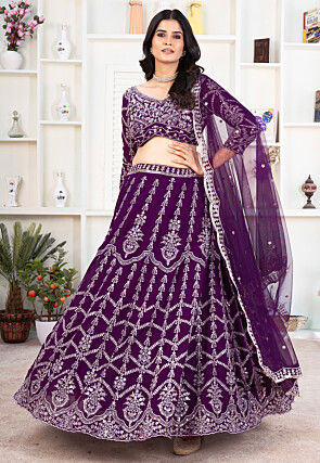 Embroidered Georgette Lehenga in Purple
