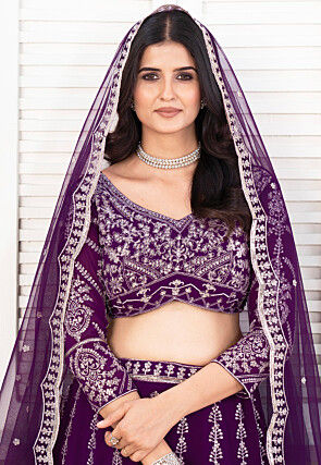 Embroidered Georgette Lehenga in Purple