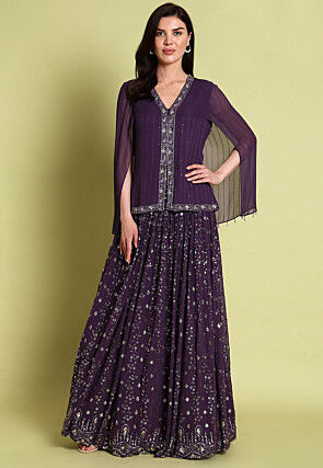 Embroidered Georgette Lehenga in Purple
