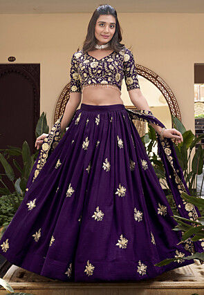 Embroidered Georgette Lehenga in Purple