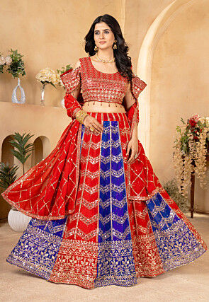 Embroidered Georgette Lehenga in Red and Blue
