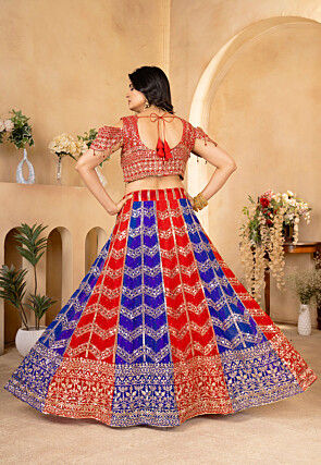 Embroidered Georgette Lehenga in Red and Blue