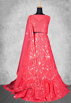 Embroidered Georgette Lehenga in Red