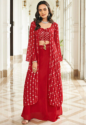 Embroidered Georgette Lehenga in Red