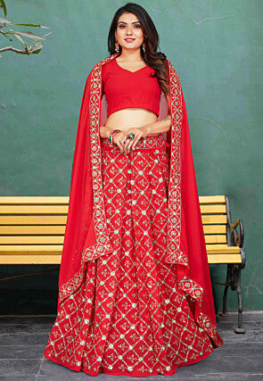 Embroidered Georgette Lehenga in Red