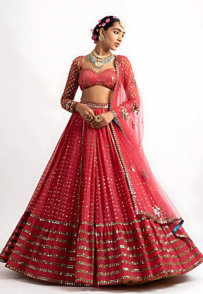 Embroidered Georgette Lehenga in Red