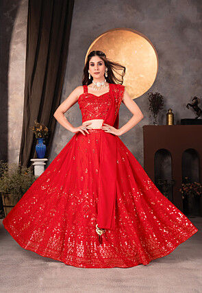 Embroidered Georgette Lehenga in Red