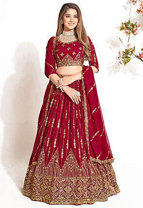 Embroidered Georgette Lehenga in Red