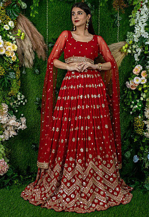 Embroidered Georgette Lehenga in Red