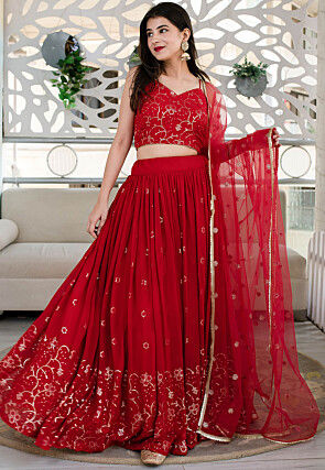 Embroidered Georgette Lehenga in Red