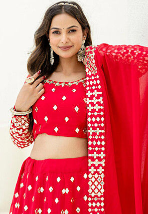 Embroidered Georgette Lehenga in Red