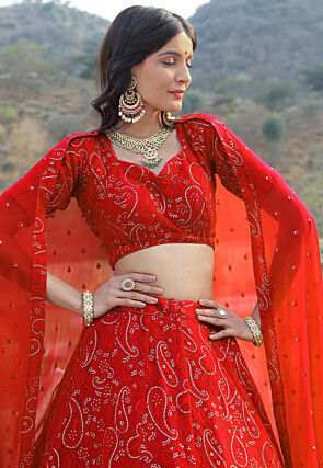 Embroidered Georgette Lehenga in Red