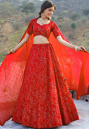 Embroidered Georgette Lehenga in Red