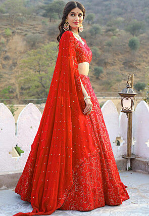 Embroidered Georgette Lehenga in Red