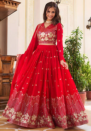 Embroidered Georgette Lehenga in Red