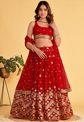 Embroidered Georgette Lehenga in Red