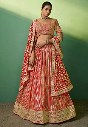 Embroidered Georgette Lehenga in Red