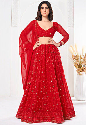 Embroidered Georgette Lehenga in Red
