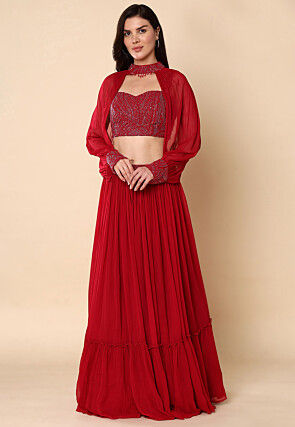 Embroidered Georgette Lehenga in Red