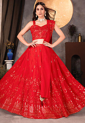 Embroidered Georgette Lehenga in Red