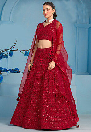 Embroidered Georgette Lehenga in Red