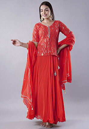 Embroidered Georgette Lehenga in Red