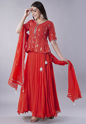 Embroidered Georgette Lehenga in Red