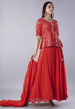 Embroidered Georgette Lehenga in Red