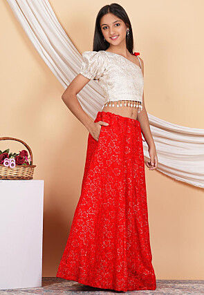 Embroidered Georgette Lehenga in Red