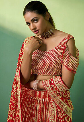 Embroidered Georgette Lehenga in Red