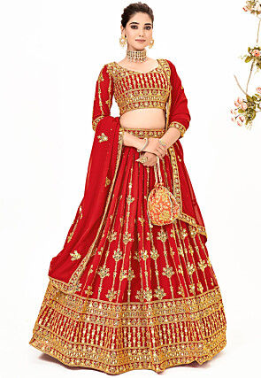 Embroidered Georgette Lehenga in Red
