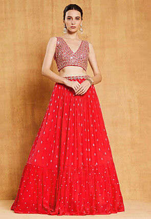 Embroidered Georgette Lehenga in Red