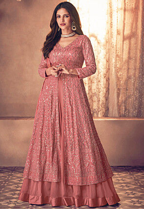 Embroidered Georgette Lehenga in Rose Gold