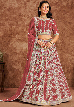 Embroidered Georgette Lehenga in Rust