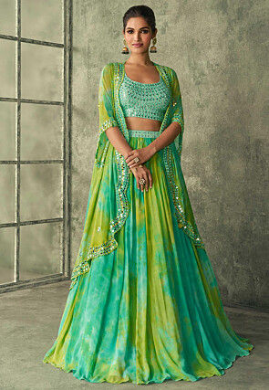 Embroidered Georgette Lehenga in Sea Green and Yellow