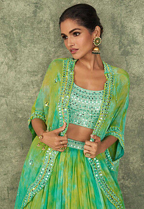 Embroidered Georgette Lehenga in Sea Green and Yellow