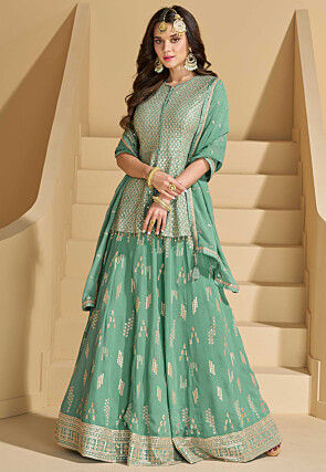Embroidered Georgette Lehenga in Sea Green
