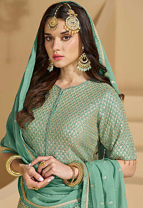 Embroidered Georgette Lehenga in Sea Green