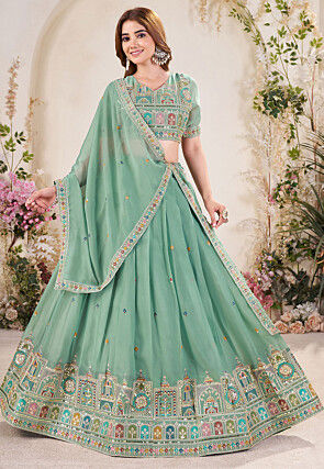 Embroidered Georgette Lehenga in Sea Green