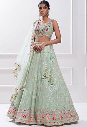 Embroidered Georgette Lehenga in Sea Green