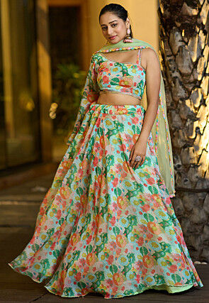 Embroidered Georgette Lehenga in Sea Green